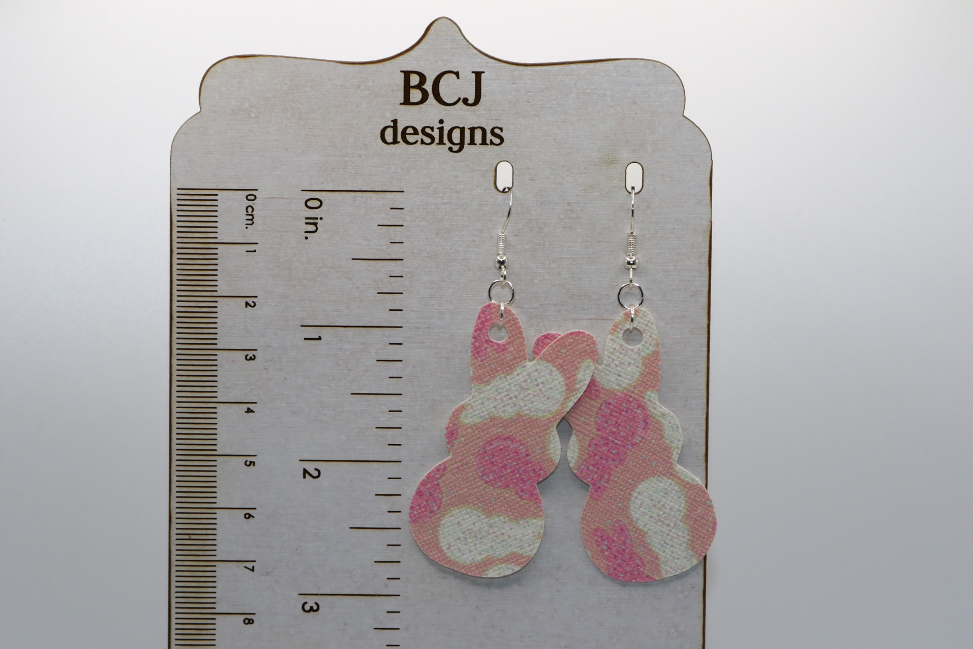 Faux leather bunny-shaped earrings inspired by Easter Peeps.