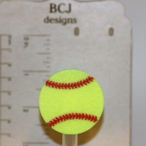 Softball straw topper with yellow ball and red stitch detailing.