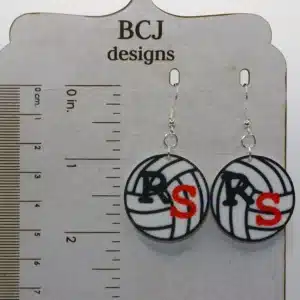 Volleyball earrings with orange and black RS lettering for Rising Sun fans