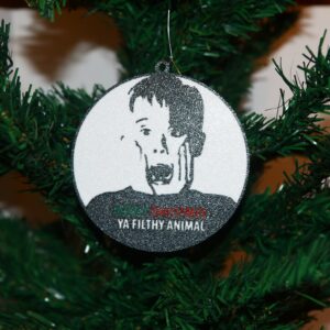 Home Alone ornament featuring Kevin screaming, text “Merry Christmas Ya Filthy Animal,” festive red and green colors.