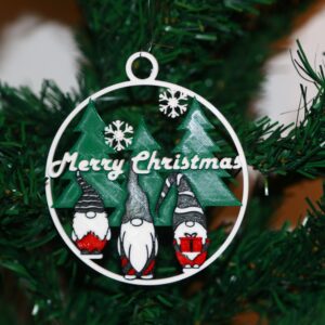 Three Wise Gnomes Christmas ornament holding gifts, festive red, green, and gold colors.