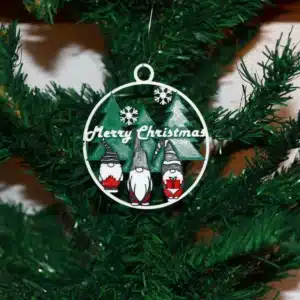 Three Wise Gnomes Christmas ornament holding gifts, festive red, green, and gold colors.