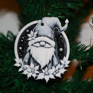 Black and White Santa Gnome Christmas ornament, minimalist holiday design.