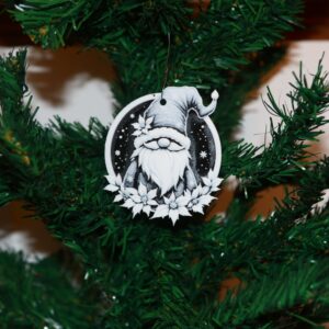 Black and White Santa Gnome Christmas ornament, minimalist holiday design.