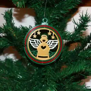 Angel Christmas ornament holding a heart with surrounding stars, colorful festive design.