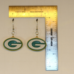 Pair of earrings featuring the Green Bay Packers “G” logo in green and gold.