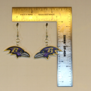 Pair of earrings featuring the Baltimore Ravens logo in purple, black, and gold.