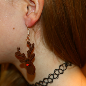 Pair of Rudolph reindeer earrings with red nose and antlers.