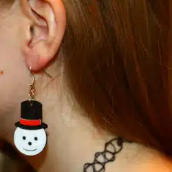 Pair of snowman face Christmas earrings with hats.