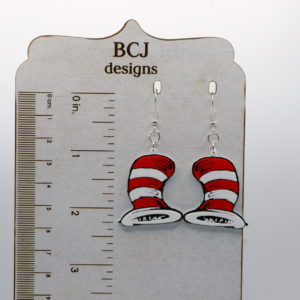 Pair of earrings featuring the Cat in the Hat with red and white striped hats.