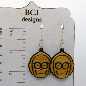 Pair of gold droid earrings resembling Star Wars’ C-3PO.