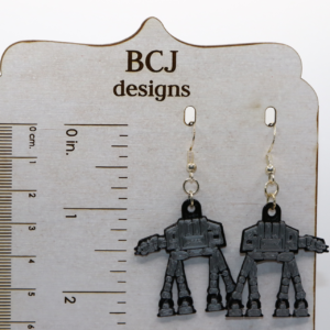 Pair of silver AT-AT walker earrings inspired by Star Wars.