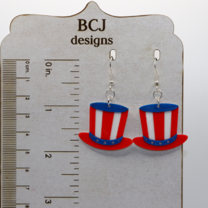 Pair of earrings shaped like red, white, and blue Uncle Sam hats.