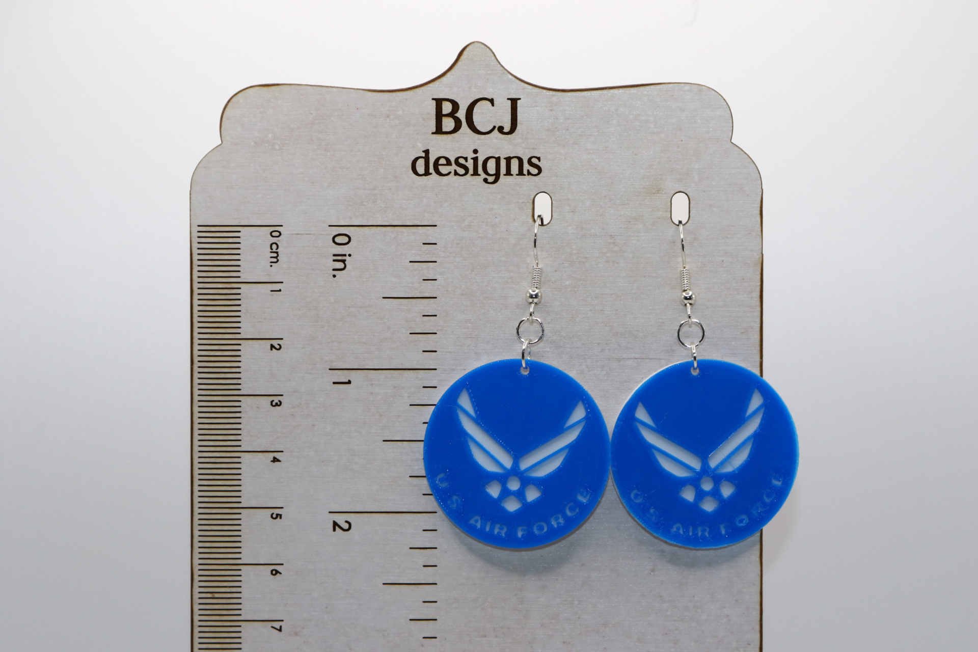 Pair of earrings featuring the U.S. Air Force emblem with blue and silver accents.