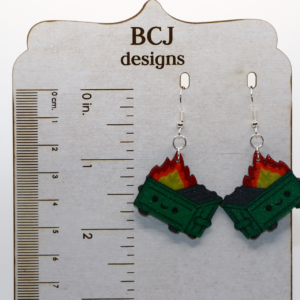 Bright dumpster fire earrings showing a flaming trash bin.