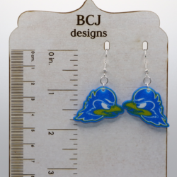 Pair of earrings featuring University of Delaware Hen mascot in blue and yellow.