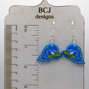Pair of earrings featuring University of Delaware Hen mascot in blue and yellow.