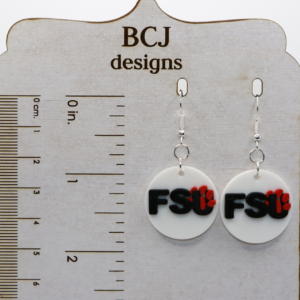 Pair of earrings featuring Florida State University Seminoles logo in garnet and gold.