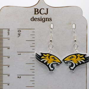Pair of earrings featuring the Towson University Tiger mascot in black and gold.