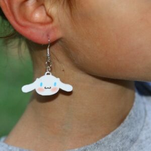 Cinnamoroll earrings with white puppy and blue ear details.