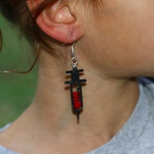Needle filled with blood earrings, Halloween horror accessory