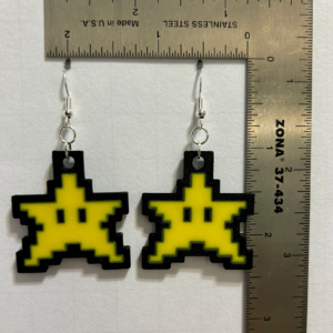 Pair of yellow pixelated Mario star earrings with silver hooks