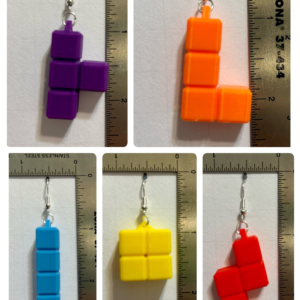 Pair of earrings featuring colorful Tetris blocks in a stacked arrangement.