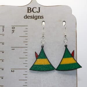 green elf hat earrings with red trim inspired by Elf movie