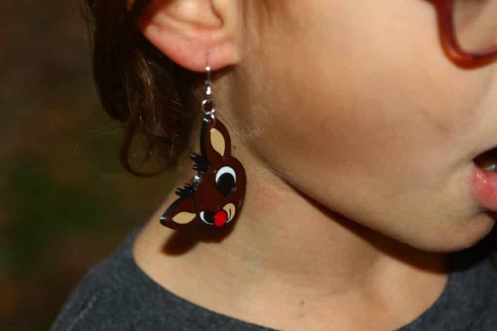 rudolph earrings with red nose inspired by classic 1964 TV special