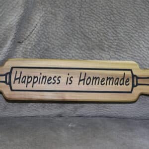 Rustic rolling pin-shaped wall sign reading “Happiness is Homemade,” approximately 19x4 inches, farmhouse kitchen decor.