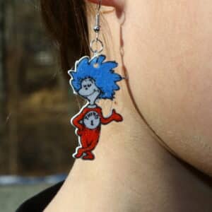 Thing 1 and Thing 2 inspired blue character earrings perfect for teachers and themed events