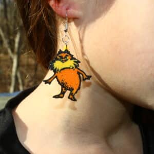 The Lorax Earrings featuring a bright whimsical character design inspired by classic children’s literature