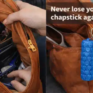 Chapstick holder keychain clipped to purse strap side by side with messy handbag search never lose your chapstick again lip balm holder keychain accessory