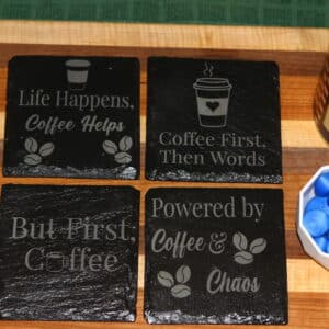 Morning Warrior Coasters, laser engraved 4 in × 4 in square coasters with bold coffee-themed phrases