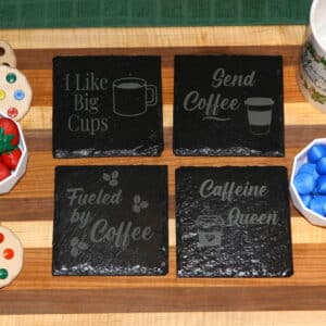 Funny Coffee Coasters, laser engraved 4 in × 4 in square coasters with playful coffee-themed phrases