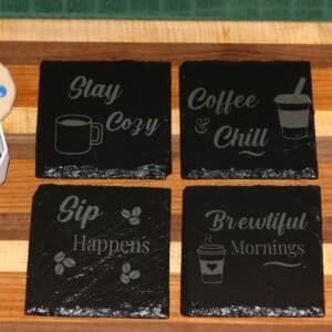 cozy coffee coasters, coffee bar decor, laser engraved coffee coasters, warm kitchen accessories, coffee lover gift set, brewtiful mornings decor, farmhouse coffee accents, home entertaining coasters