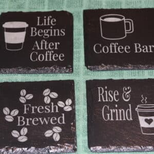 Coffee Bar Coasters, laser engraved 4 in × 4 in square coasters with classic coffee-themed phrases