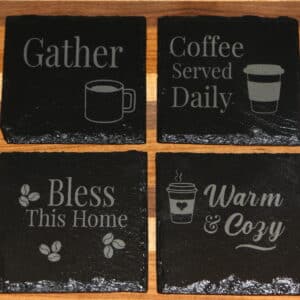 Farmhouse Coffee Coasters, laser engraved 4 in × 4 in square coasters with rustic coffee-themed phrases