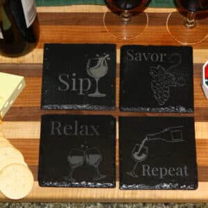 Sip Savor Repeat Coasters, laser engraved 4 in × 4 in square coasters with minimalist relaxation theme