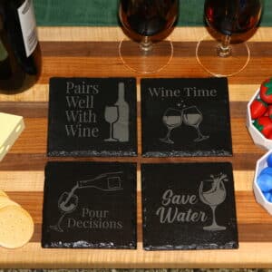 Wine Lover Coaster Set, laser engraved coasters with playful wine-themed phrases