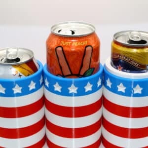 Patriotic convertible can koozie with removable slim can adapter designed to fit 12 oz cans, 16 oz cans, and slim cans for game days, tailgates, and Fourth of July celebrations.