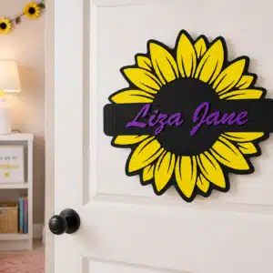 Personalized sunflower 3D printed kids name sign featuring a custom name surrounded by a bright sunflower for bedroom décor.