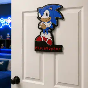 Blue Speedster inspired personalized 3D printed kids name sign featuring a custom name for gaming-themed bedroom décor.
