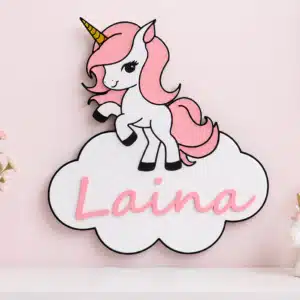 Personalized unicorn inspired 3D printed kids name sign featuring a custom name on a cloud with a pink unicorn for bedroom décor.
