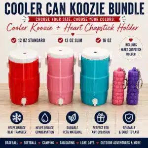 Cooler Can Koozie & Heart Chapstick Holder Bundle - 12 oz Standard, 12 oz Slim or 16 oz Drink Holder Gift Set