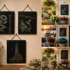 Engraved natural slate wall signs featuring sunflower, lighthouse, and hummingbird designs for farmhouse, coastal, and cottage home décor.