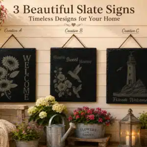 Collection of three engraved natural slate wall signs featuring Sunflower Welcome, Lighthouse Friends Welcome, and Hummingbird Home Sweet Home designs displayed together.
