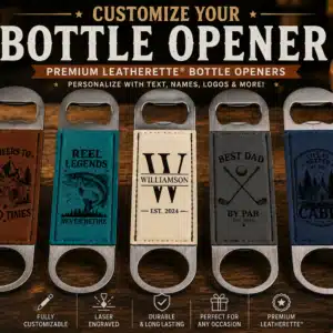 Custom engraved Premium Leatherette® bottle opener displayed in a rustic bar setting with personalized artwork and stainless steel construction.