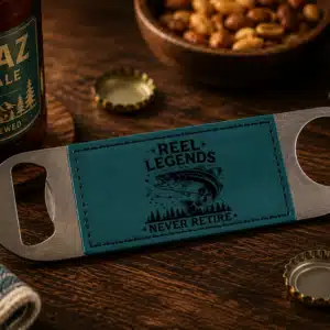 Personalized Premium Leatherette® bottle opener available in Eggshell, Topaz, Dark Blue, Flint Gray, and Walnut color options.