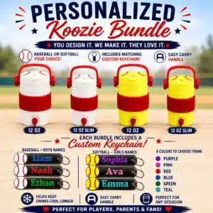 White and red retro baseball cooler style can koozie with matching personalized baseball name tag keychain for 12 oz standard and slim cans.